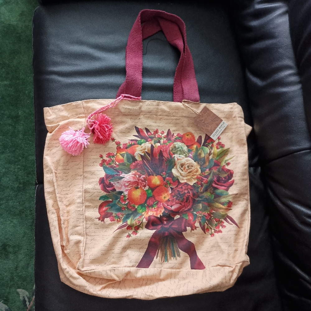NWT Gilded Maple Floral Flower Bouquet Reusable Tote Bag with Burgundy Handles